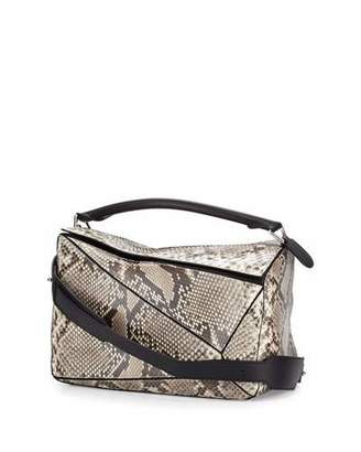 Loewe Puzzle Large Python Satchel Bag, Natural