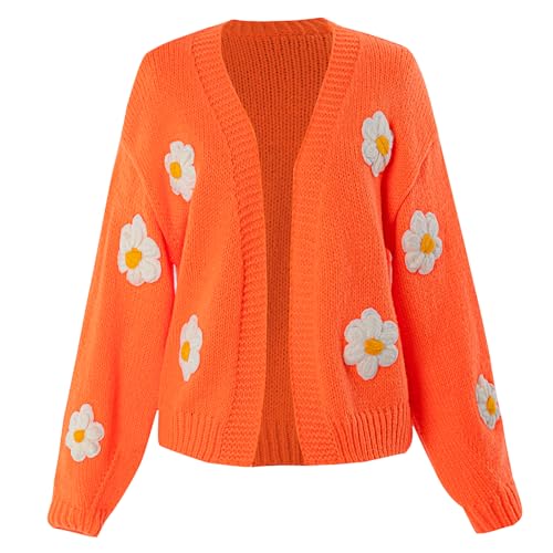 HOULENGS Women's Long Sleeve Floral Print Sweater Outwear V Neck Open Front Knit Cardigan Coat Orange One Size