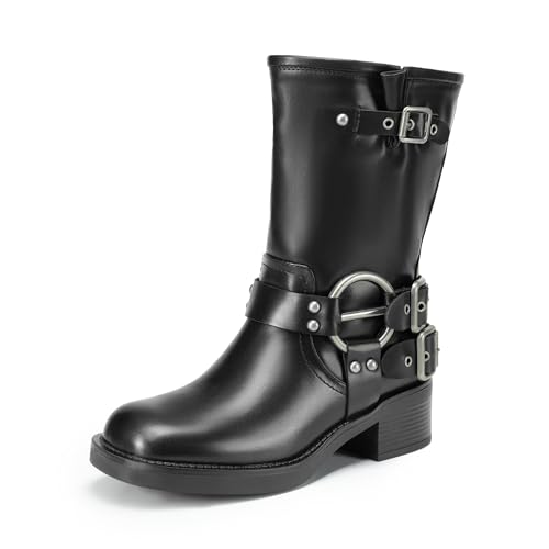 DREAM PAIRS Mid Calf Boots for Women, Square Toe Motorcycle Boots with Buckles, Women's Biker Boots with Low Chunky Heel, SDMB2405W, BLACK, SIZE 8