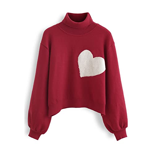 CHICWISH Women's Red Embroidered Heart High Neck Knit Sweater