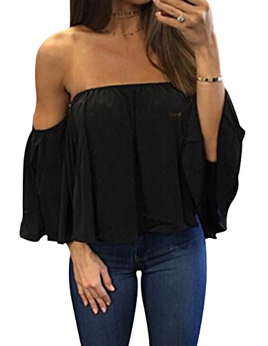 Women’s Summer Off Shoulder Chiffon Blouses Short Sleeves Sexy Tops Shirt Fashion Casual Ruffles Solid Loose Fit Blouses T Shirt (S, Black)