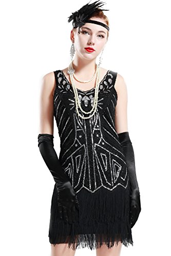 BABEYOND Women's Flapper Dresses 1920s V Neck Beaded Fringed Great Gatsby Dress (Small, Black)