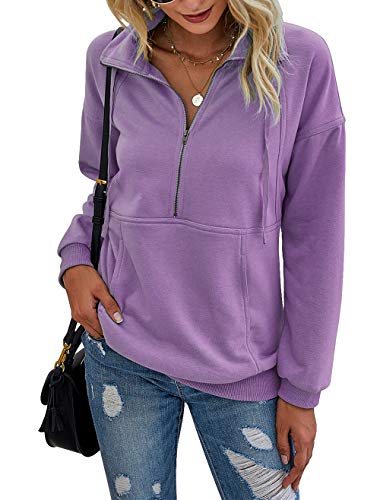 PRETTYGARDEN Women’s Casual Long Sleeve Lapel Zipper Sweatshirt Drawstring Loose Pullover Tops Purple
