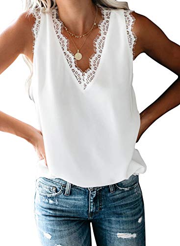 BLENCOT Lace Trim Tank Tops V Neck Casual Sleeveless Blouse Vest Shirts 
