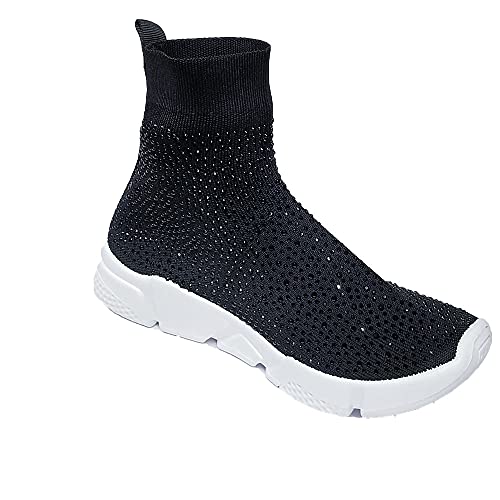 7K Women Ankle Sock Sneaker Fashion Rhinestone Slip On Shoes, Black (Size 11)