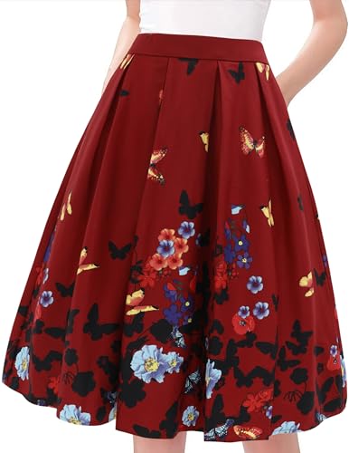Tandisk Women's High Waist A-Line Pockets Skirt Pleated Flared Midi Skirt with Pockets Winered Flower 2XL