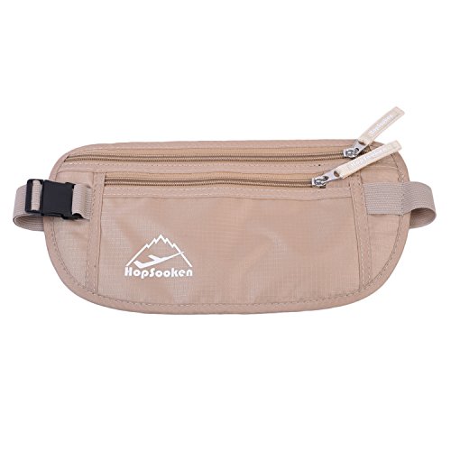 HOPSOOKEN Travel Money Belt: Waist Pack for Running and Cycling, Rfid, Comfortable, Durable and Lightweight Hidden Travel Passport Wallets. (Khaki)