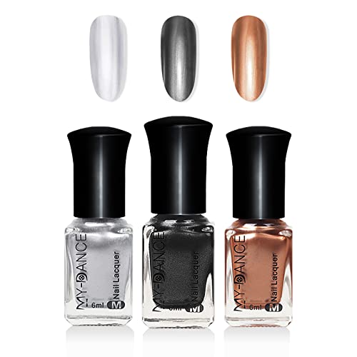 LOKFAR 3 Colors Mirror Metallic Nail Polish Set, Metallic Texture Quick Dry Nail Art Polish – Bright and Shiny Finish Nail Polish, Chrome Long-Lasting Mirror Shine Effect Nail Polish 6 ml/Bottle -#A