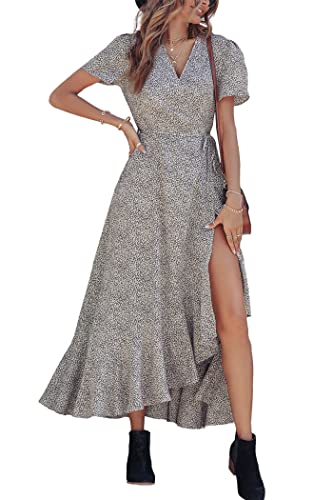 PRETTYGARDEN Women's Summer Wrap Maxi Dress Casual Boho Floral V Neck Short Sleeve Ruffle Hem Split Beach Long Dresses (White Leopard,Large)