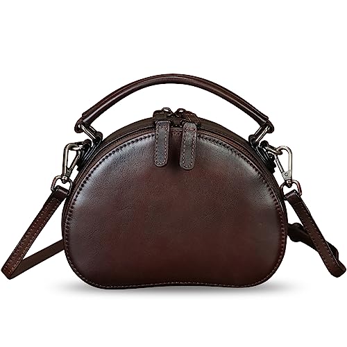 FEIGITOR Genuine Leather Crossbody Bag for Women Retro Leather Handmade Round Messenger Satchel Handbag Crossbody Circle Purse (Coffee)