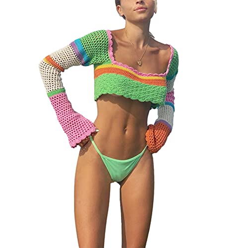 Y2k Long Sleeve Knit Crop Top Casual Color Block Crochet Cropped Sweater