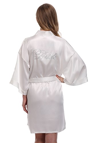 Women's Bride Bridesmaid Robes Short Kimono Robe Dressing Gown for Wedding, White, S