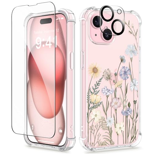 GVIEWIN 3 in 1 Designed for iPhone 15 Plus Case 6.7 Inch, with Screen Protector + Camera Protector Clear Flower [Not-Yellowing] Shockproof Women Slim Phone Cover, 2023 (Vibrant Spring)
