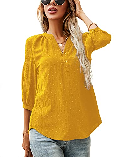 LOMON Henley Button Up Shirts for Women V Neck 3/4 Sleeve Pleated Back Blouse Tops Loose Fit Yellow, S