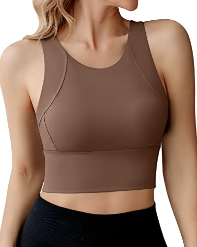Ama Larsi High Neck Sports Bra for Women Longline Medium Impact Workout Crop Tank Tops Wirefree Padded Yoga Bra Gym Mocha Brown