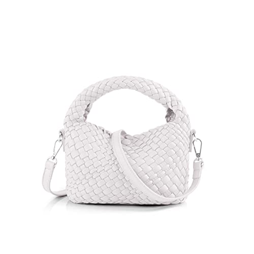 Women Woven Tote Small Crossbody Bag, Weave Quilted Purse Square Shoulder Bag Woven Handbag with Detachable Strap (White)