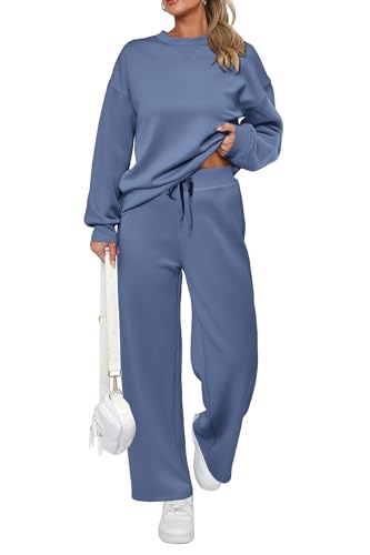 PRETTYGARDEN Women's Two Piece Outfits Sweatsuit Lounge Matching Sets Sweatshirt Jogger Pants Sweat Set Tracksuit (Grey Blue,Large)