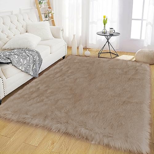 Latepis Shag Rug Area Rug 4x6 Machine Washable Faux Fur Rug Beige Fluffy Carpet for Living Room Shaggy Rug Plush Rug for Bedroom Floor Rug Home Decor Rectangle