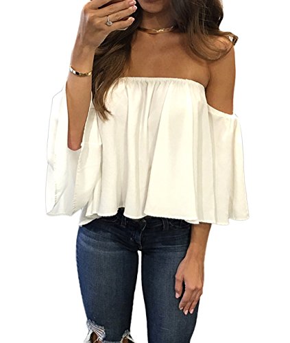 Mesitelin Women Chiffon Off Shoulder Blouse Top Shirt Short Sleeve Boho Casual Blouse T Shirt(M,White)