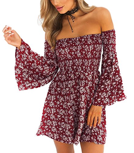 NANFANGLI Women Summer Dress Print Mini Casual Off-Shoulder Dresses (M, Red)