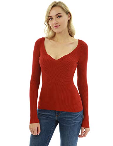 PattyBoutik Women Notch V Neck Ribbed Sweater (Red Large)