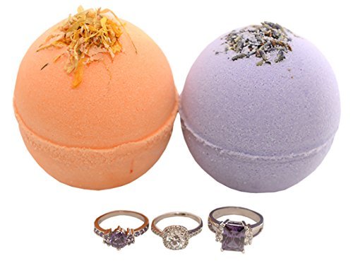 Bath Bomb Set (2) with a Surprise Ring Inside - Gift Set of 2 Organic Fragrant Fizzing 5.7oz Bombs - Sterling Silver Rings - Handmade in USA with Natural Organic Essential Oils Shea Butter Avocado Oil