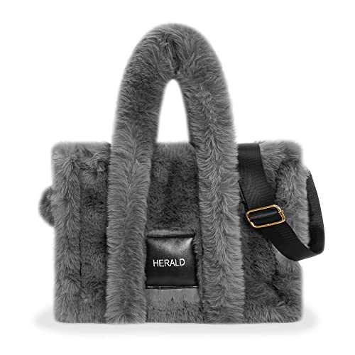 Herald Large Tote Bags For Women Soft Winter Fluffy Fuzzy Furry Plush Top Handle Purse and Handbag With Shoulder Strap (Dark Grey)