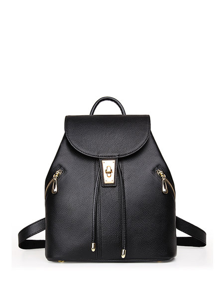 Solid Twist Lock Solid Cowhide Leather Casual Backpack