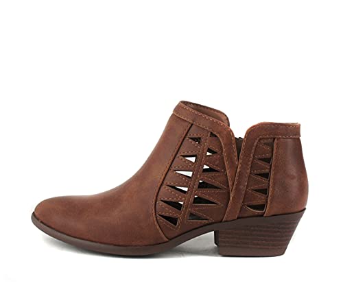 SODA Women's Perforated Cut Out Stacked Block Heel Ankle Booties (8.5 M US, Cognac Pu)