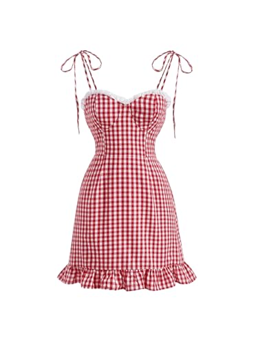 Floerns Women's Gingham Print Tie Shoulder Sleeveless Ruffle Hem Cami Dress Red and White Medium