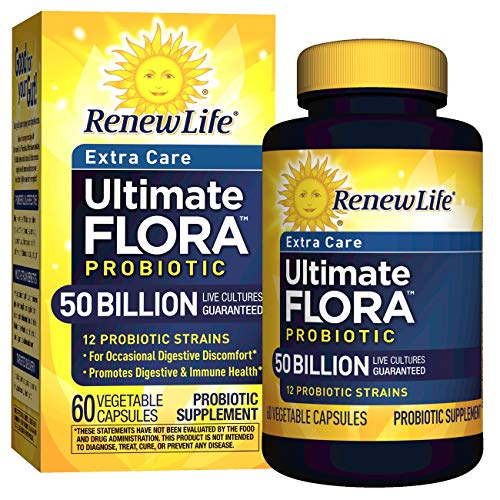 Renew Life Adult Probiotic - Ultimate Flora Probiotic Extra Care, Shelf Stable Probiotic Supplement - 50 billion - 60 Vegetable Capsules (Packaging May Vary)