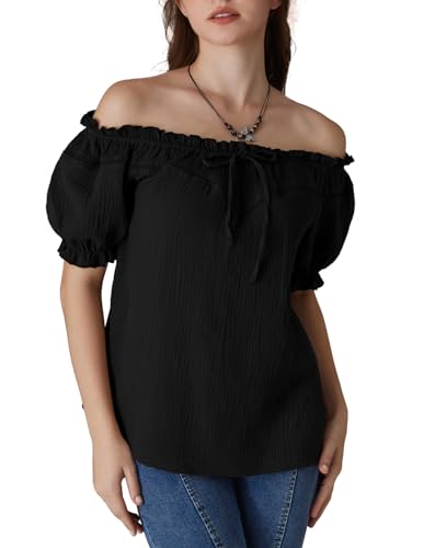 Women's Renaissance Blouse Off Shoulder Short Sleeve Loose Fit Summer Tops Black L