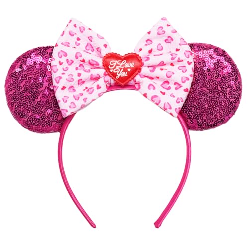KUruri 1 Pack Mouse Ears Headband, Hot Pink Sequin Mouse Ears Bow Headband with Pink Love Heart Patterns Cute Hair Band Valentine's Day Hairs Accessories for Women Girls Birthday Party Decorations