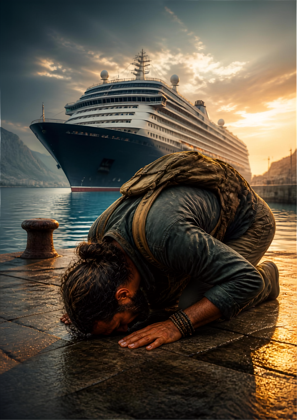 A man appreciating essentials of life in front of a cruise ship