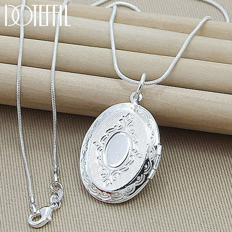Thumbnail: Sterling Silver Oval Round Photo Frame Pendant Necklace 