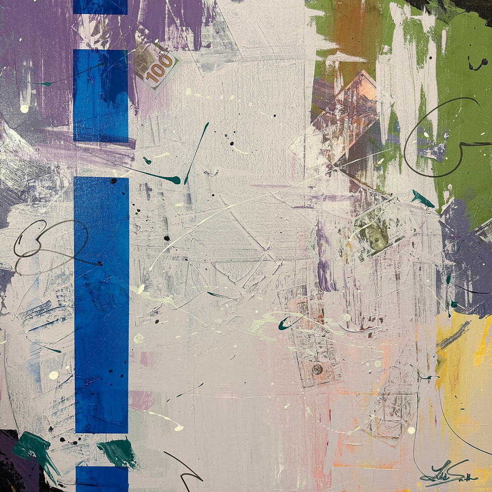 The colors of money collide in this abstract painting by Luke Smith
