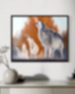 Oil painting by Luke Smith of a howling pack of wolves on a crisp fall day