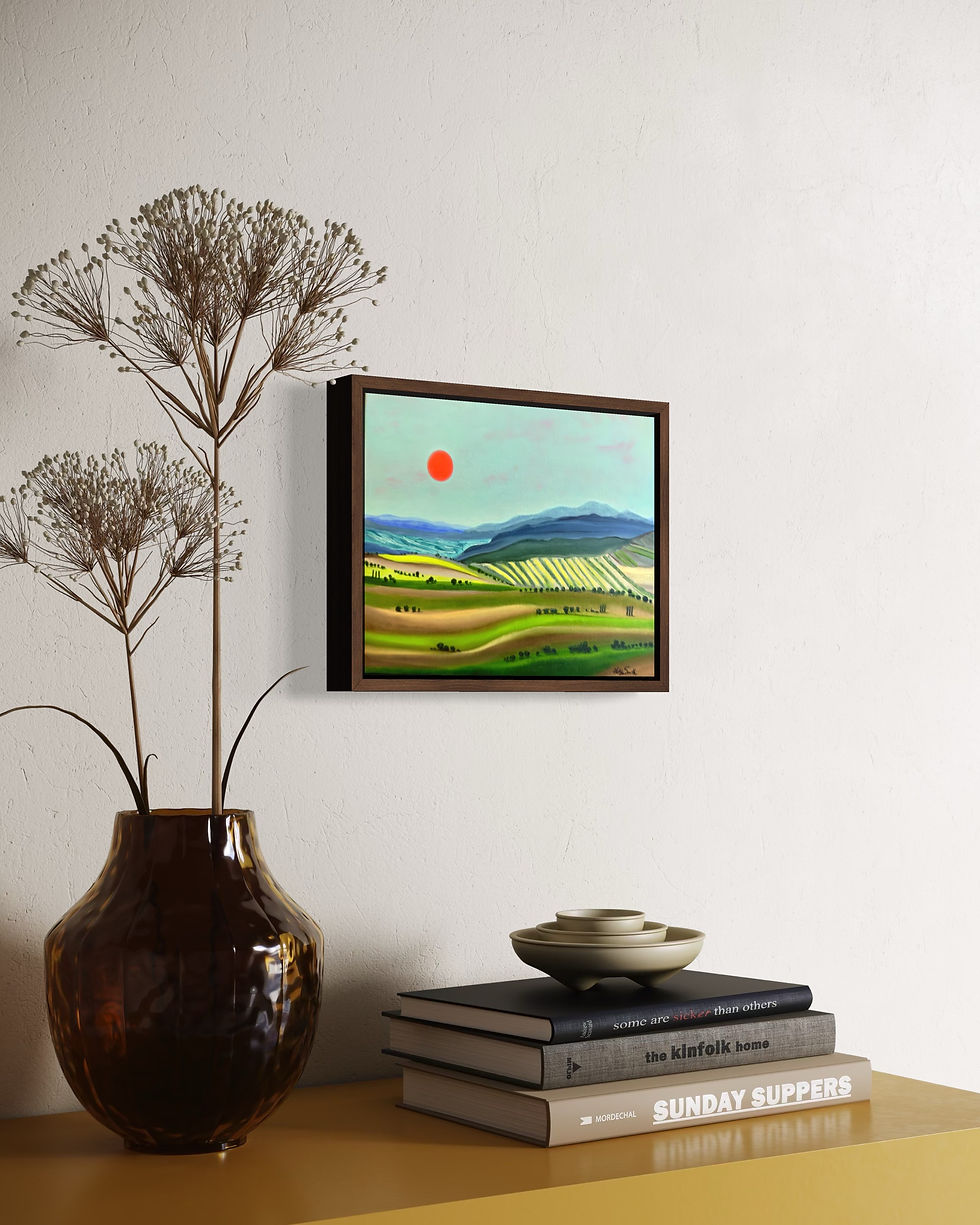 Thumbnail: An oil painting of a glowing red sun over the rolling hills of Tuscany, Italy.