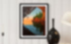 Oil painting of a man jumping into a lake in front of a cove.
