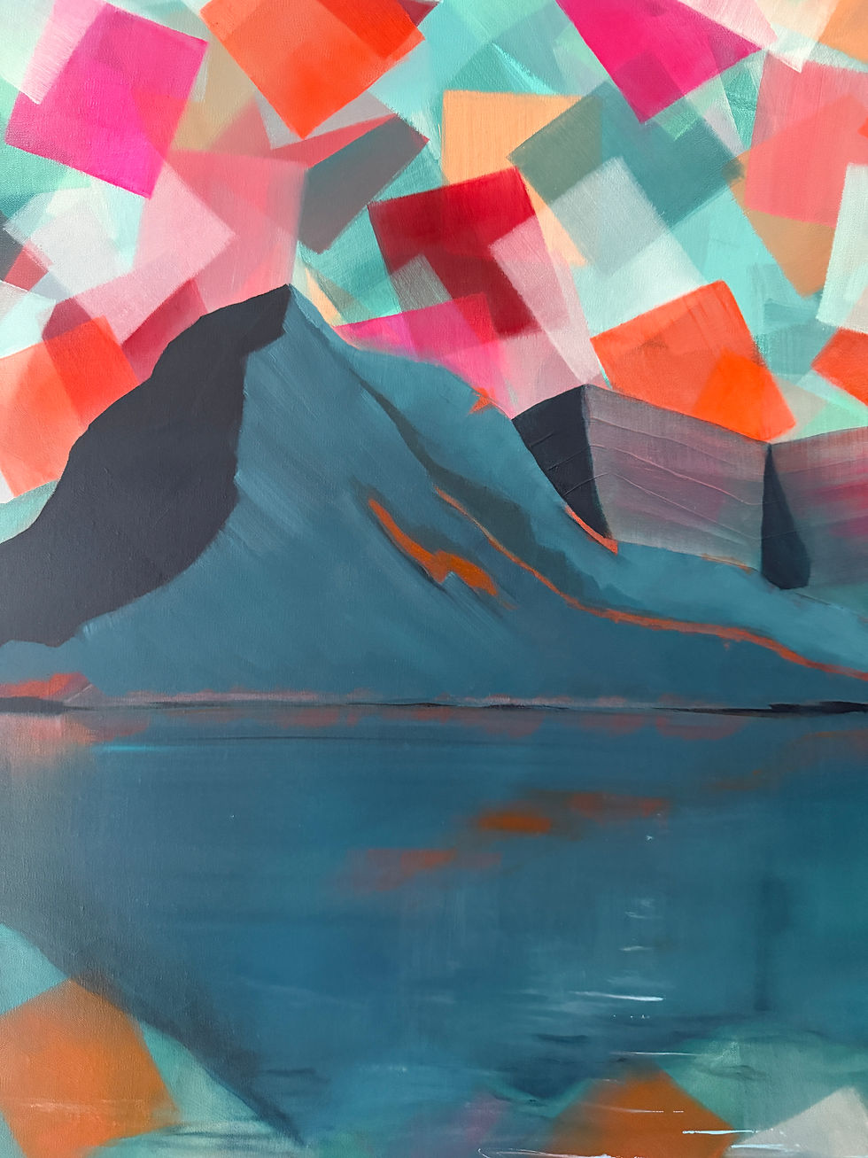 Thumbnail: The daydream oil painting by Luke Smith features a blue mountain range, water, and colorful transparent squares.
