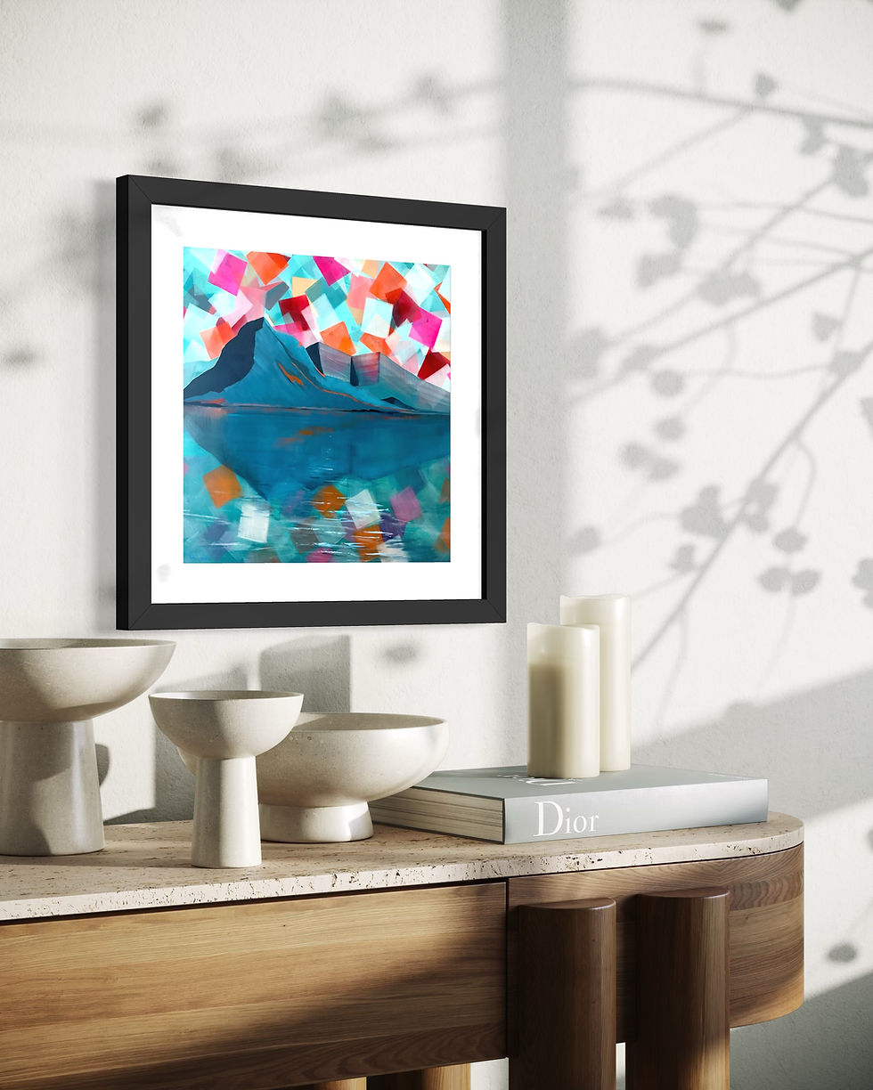 Thumbnail: A signed art print of the Daydreamer oil painting by Luke Smith featuring a blue mountain range and colorful squares.