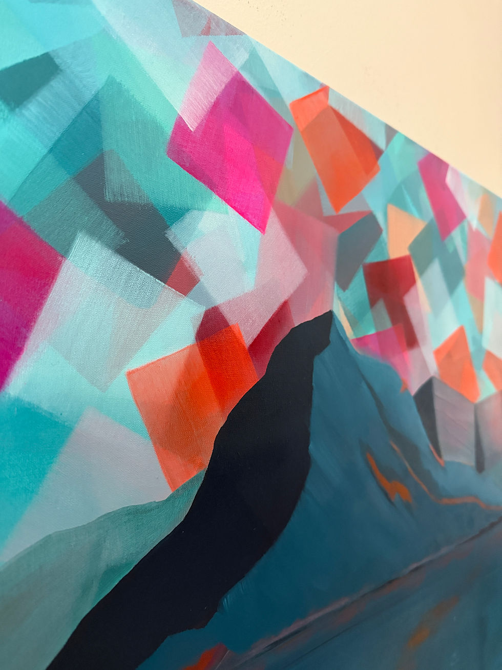 Thumbnail: The daydream oil painting by Luke Smith features a blue mountain range, water, and colorful transparent squares.