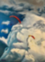 Paragliders drift into the clouds in this oil painting in a gold frame by Luke Smith.