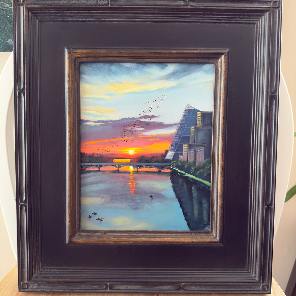 Thumbnail: Oil painting of a sunset over Lady Bird Lake with bats coming out of the at Congress Avenue bridge in Austin, Texas.