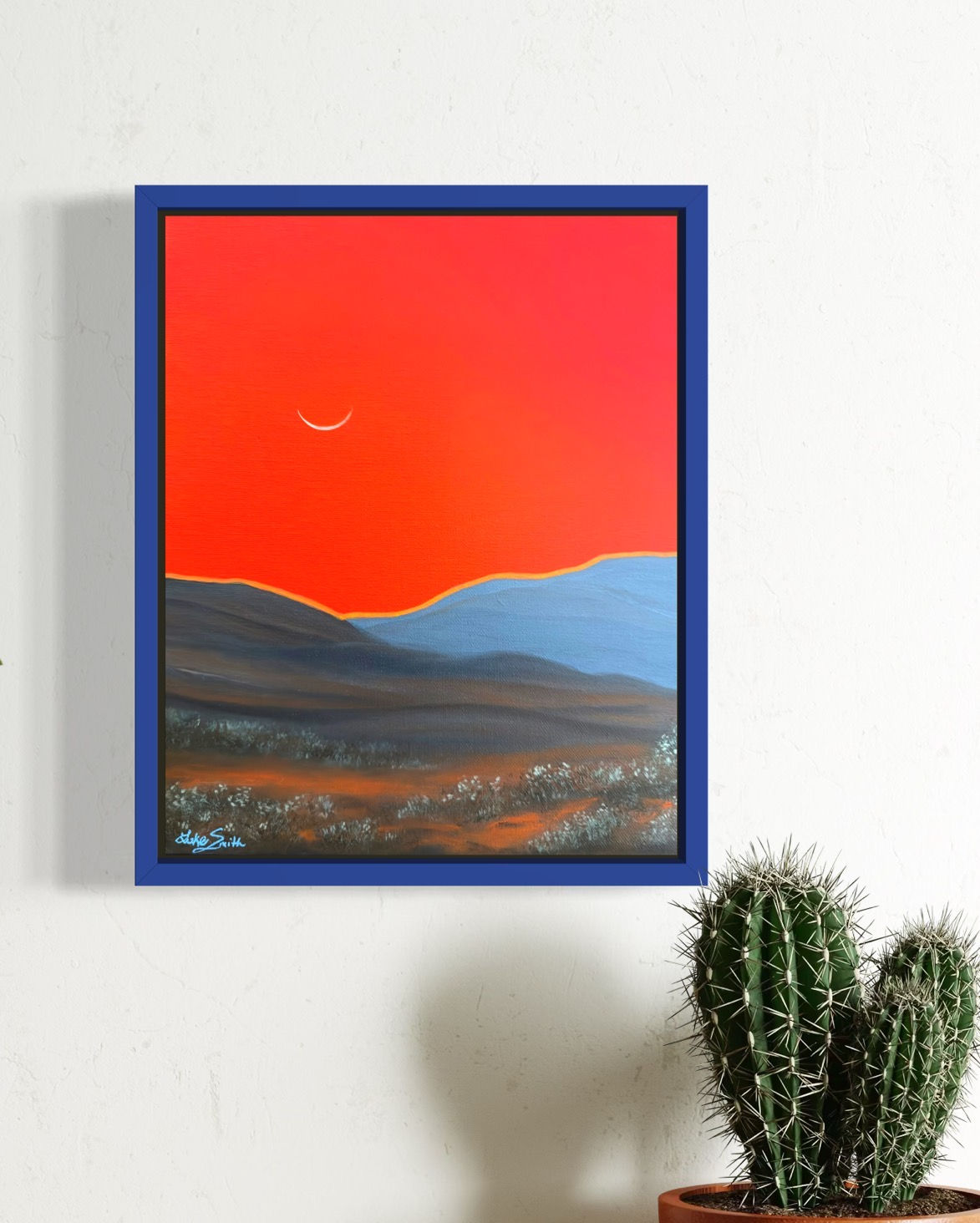 An oil painting of a glowing red sunset and a sliver of a moon over the Texas desert.
