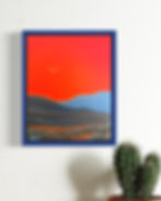 An oil painting of a glowing red sunset and a sliver of a moon over the Texas desert.