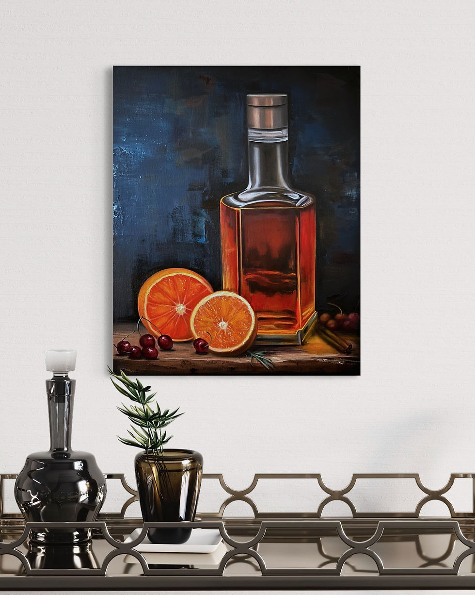 Old Fashioned Bourbon Whiskey oil painting with whiskey bottle, oranges, and cherries by Luke Smith