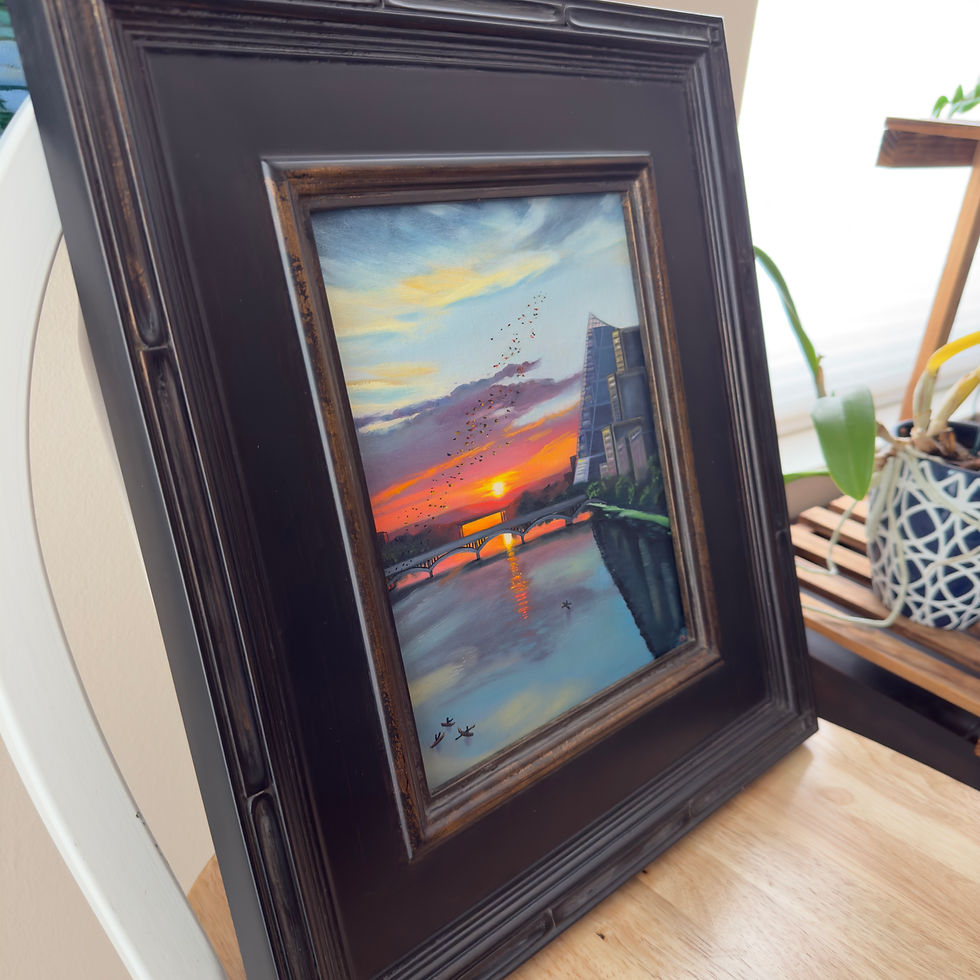 Thumbnail: Oil painting of a sunset over Lady Bird Lake with bats coming out of the at Congress Avenue bridge in Austin, Texas.