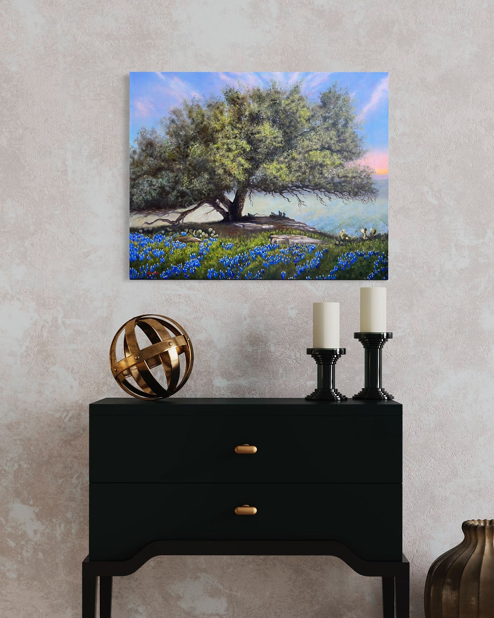 Live Oak Tree with Texas Bluebonnets Oil Painting by Luke Smith