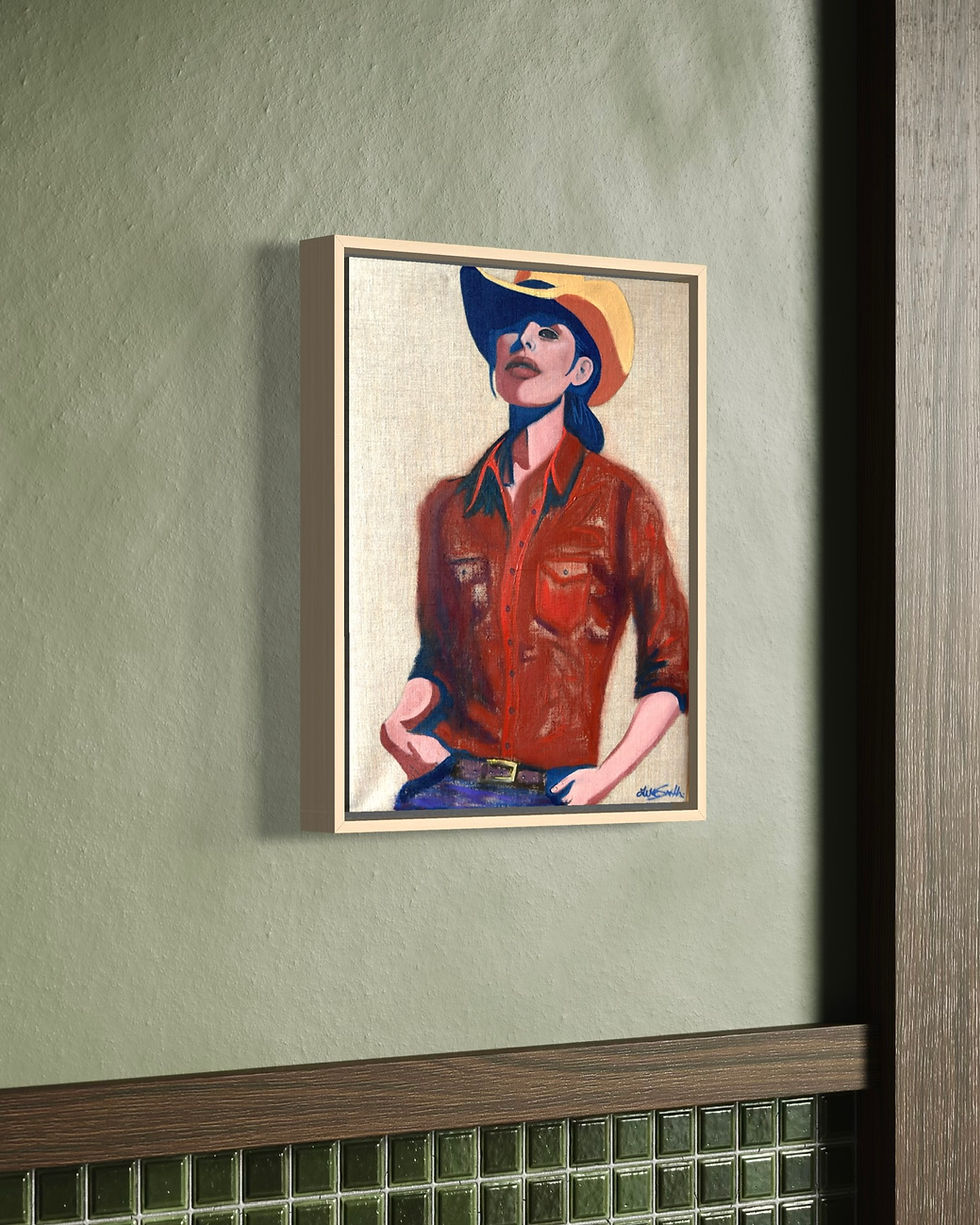 Thumbnail: An oil painting portrait of a confident and mysterious cowgirl by artist Luke Smith